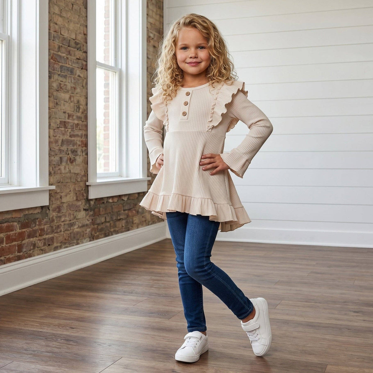 (Girls) Cream Beige Ribbed Long Sleeve Button Ruffle Shirt