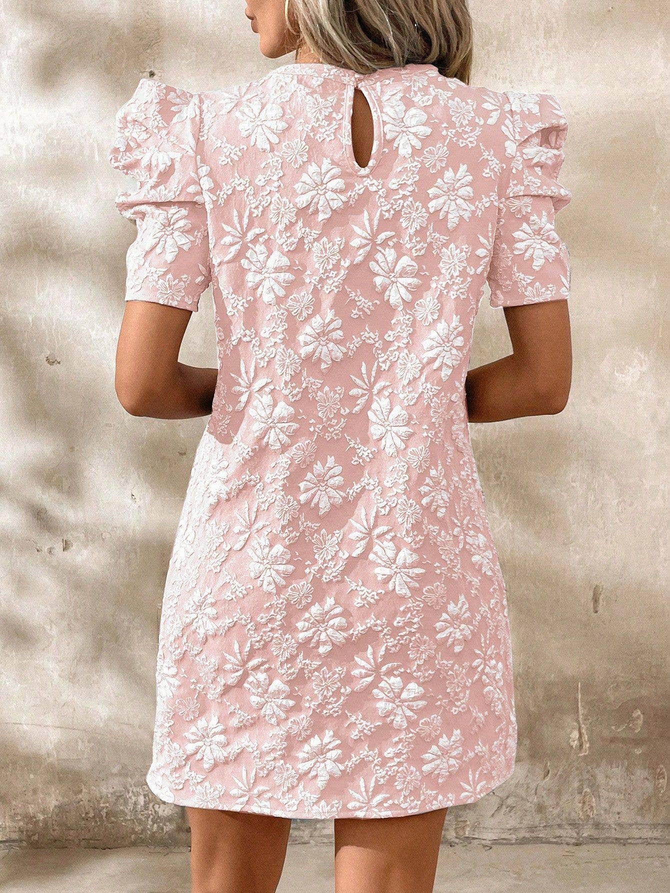 (M Dresses) Puff Sleeve Textured Jacquard Mini Dress- Pink (M-JMD30)