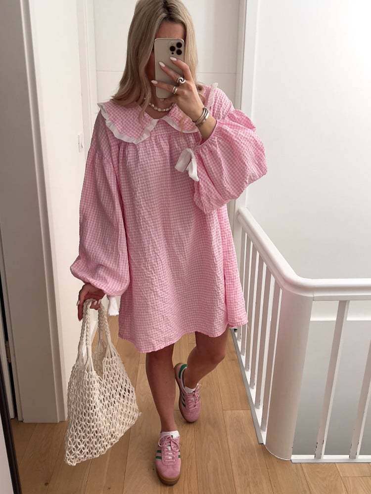 (M Dresses) Gingham OVERSIZED Collar Baby Doll Dress  (M-BJS10)