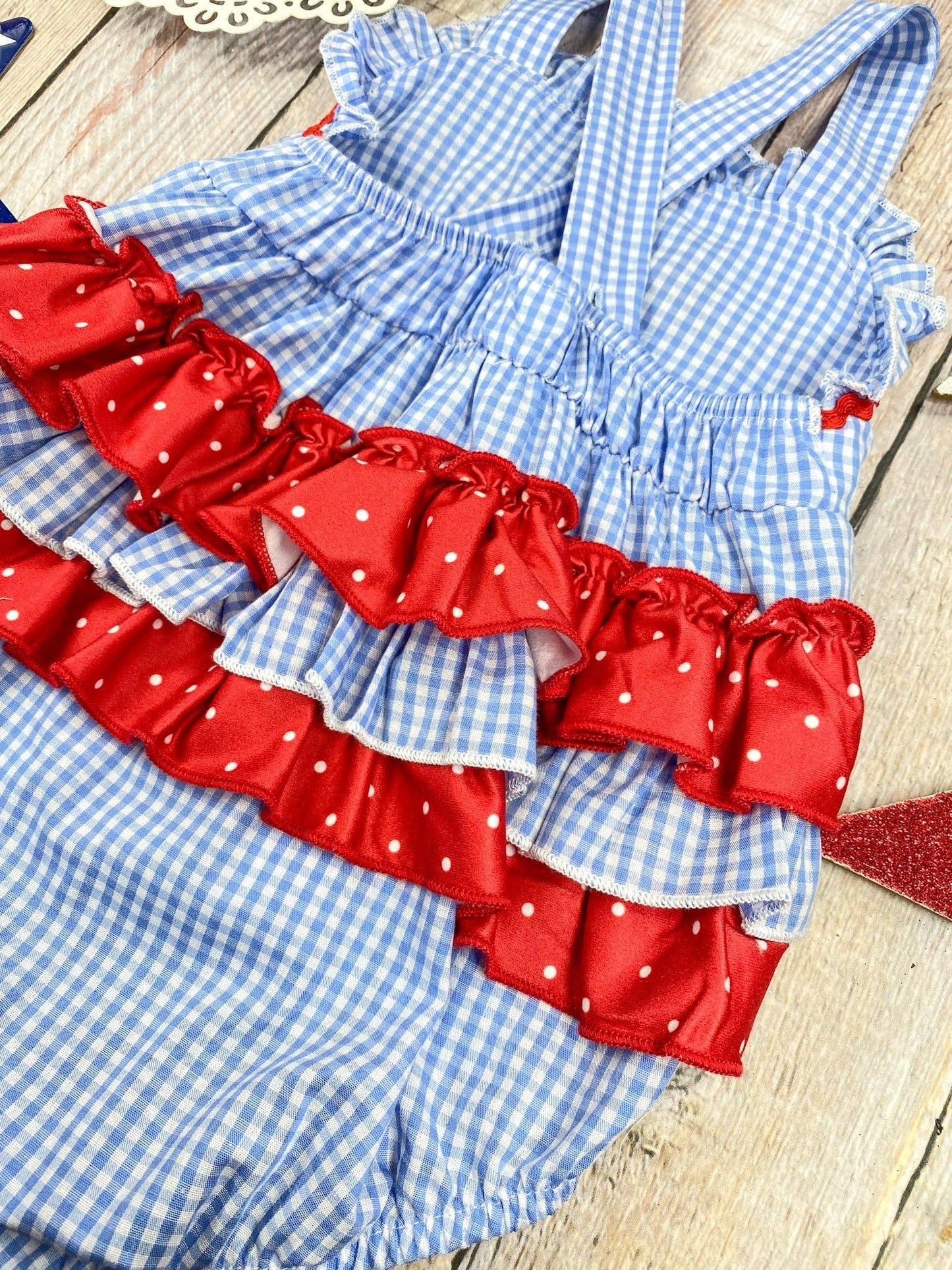 (Girls) Blue Gingham American Flag Bubble Romper (FR43)