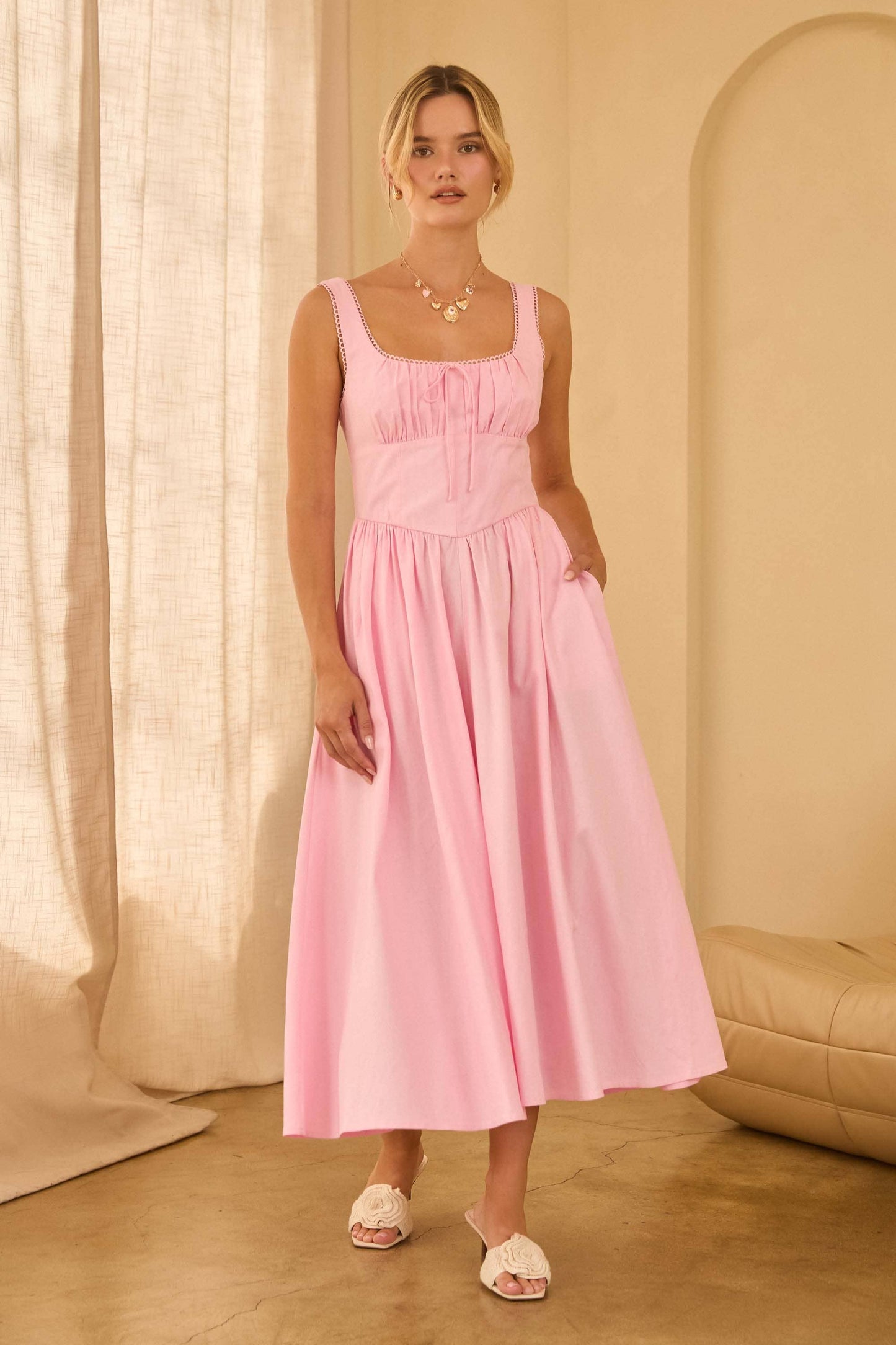 (M Dresses) Square Neck Princess-Waist Midi Dress (M-PW39)