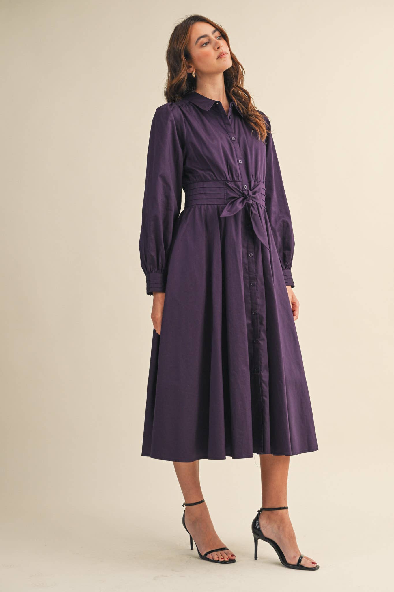 (M Dresses) PINTUCK WAIST TIE FRONT MIDI DRESS (M-PD21)