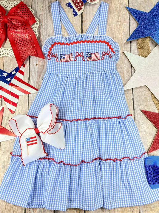 (Girls) Blue Gingham American Flag Tiered Dress (K-FD43)