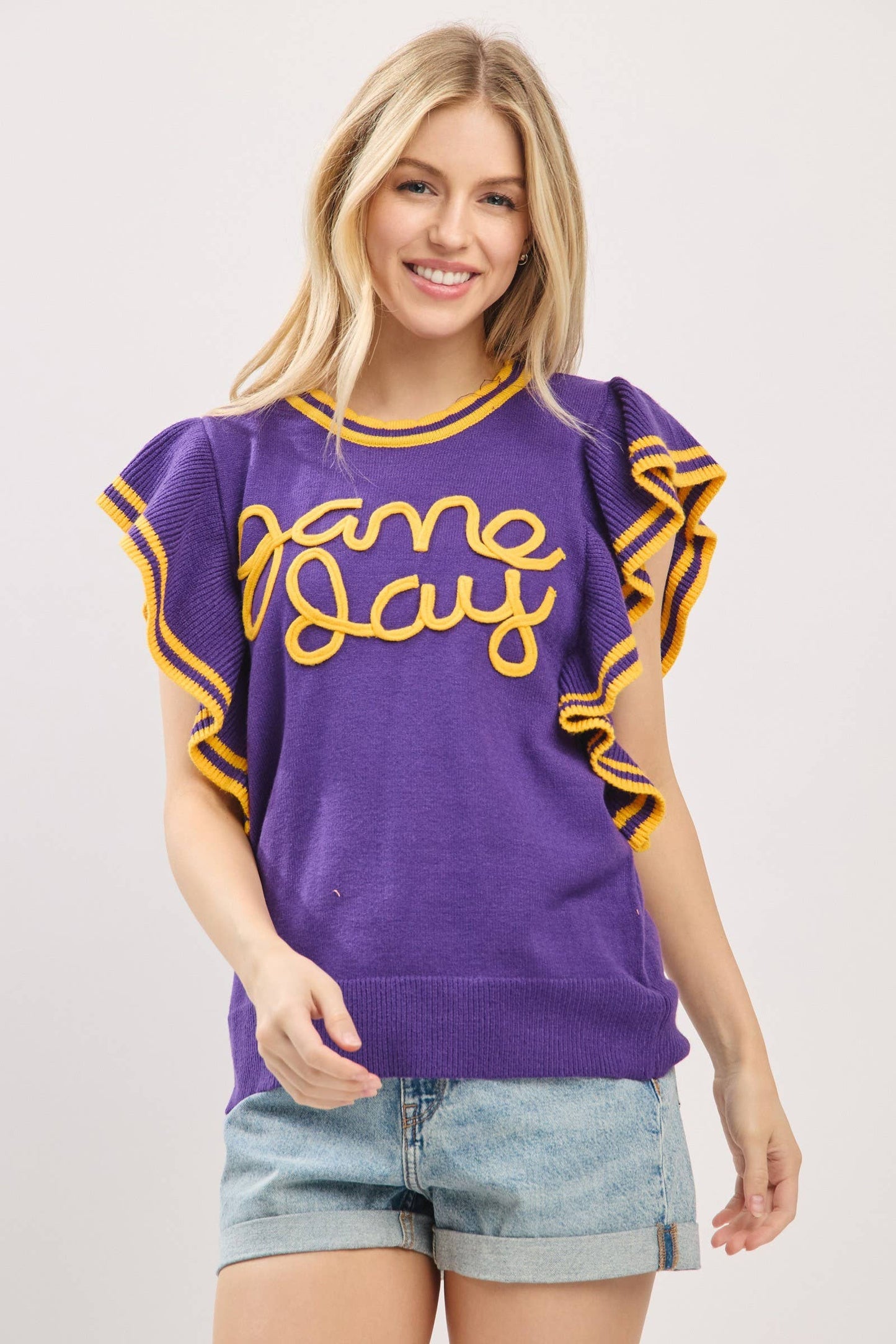 (Game Day) Ruffle Sleeve Varsity Gameday Knit Top (M-LSUS)