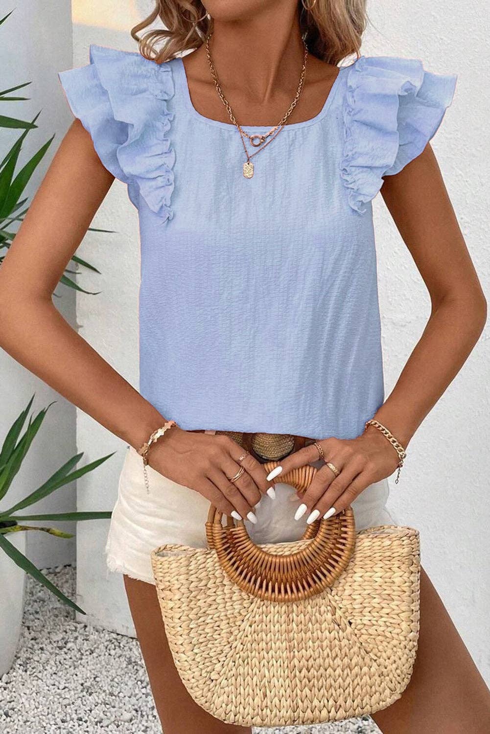 (M Tops) Bow Butterfly Sleeve Textured Summer Blouse  (M-BBSB01)