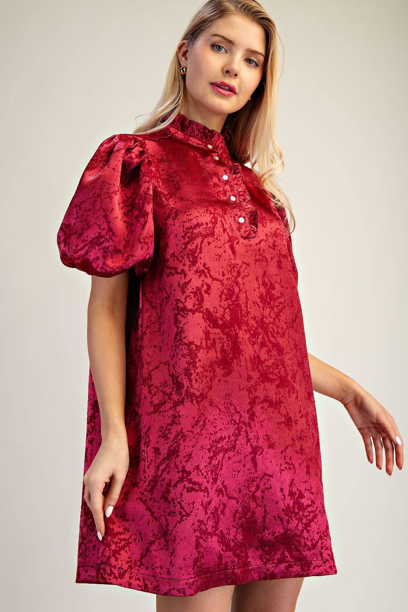 (M Dresses) Ruffle Neck Puff Sleeve Mini Dress (Silver & Burgundy) (M-RMD2)