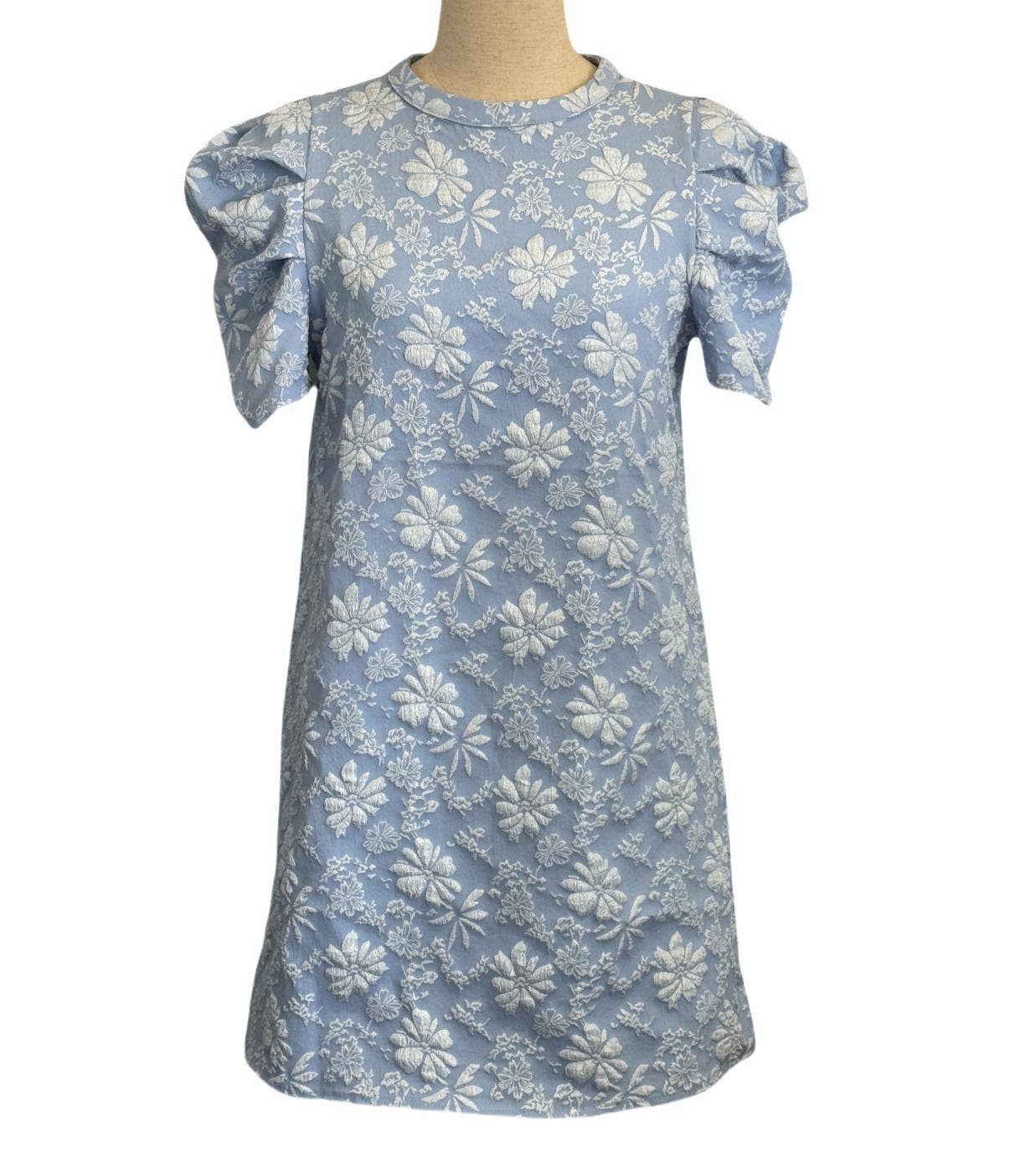 (M Dresses) Puff Sleeve Textured Jacquard Mini Dress- Blue (M-BJMD30)