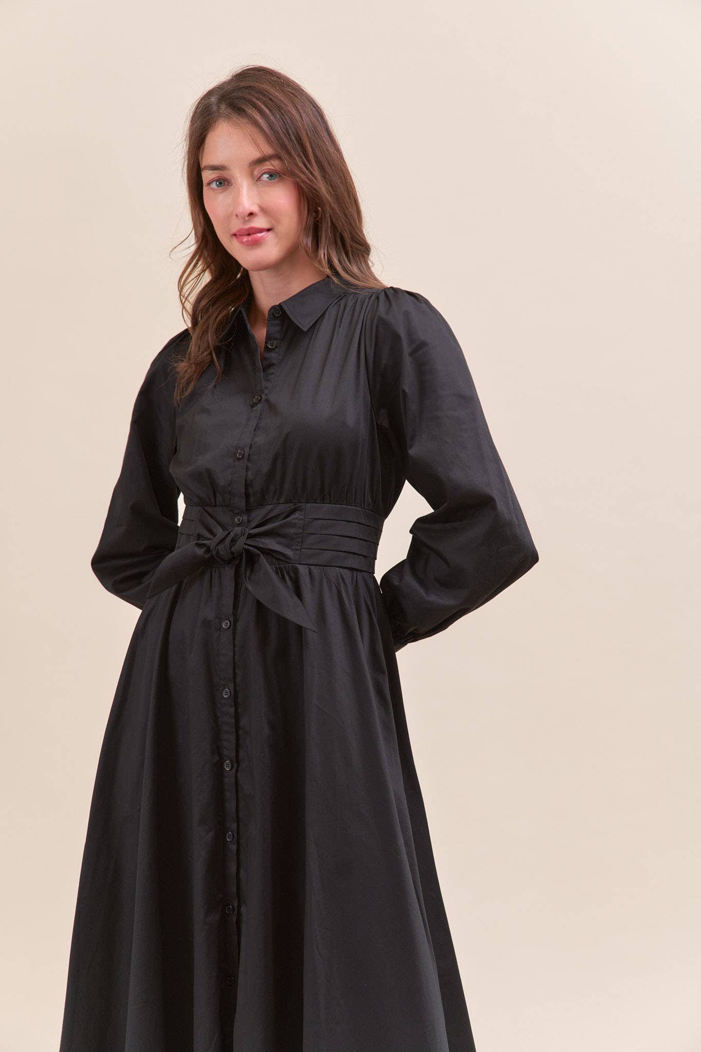 (M Dresses) PINTUCK WAIST TIE FRONT MIDI DRESS (M-PD21)