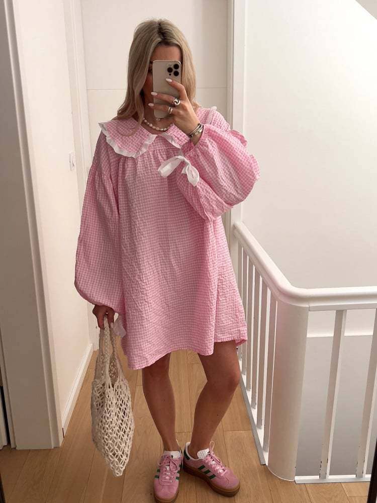 (M Dresses) Gingham OVERSIZED Collar Baby Doll Dress  (M-BJS10)