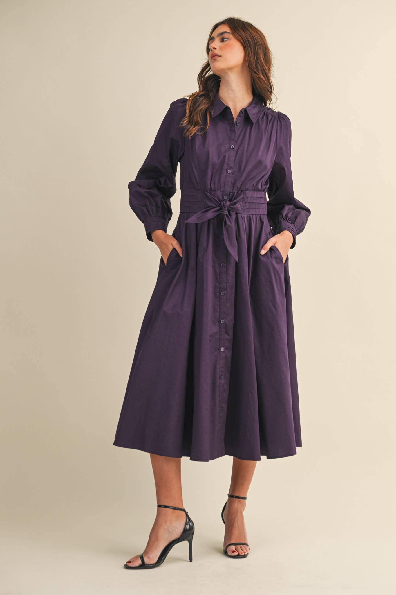 (M Dresses) PINTUCK WAIST TIE FRONT MIDI DRESS (M-PD21)