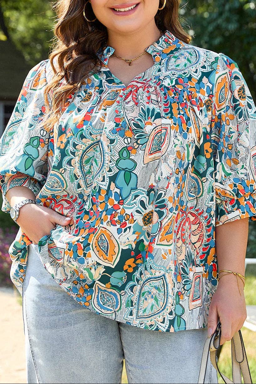 (Plus Tops) Floral Puff Sleeve Summer Blouse  (P-FPS05)