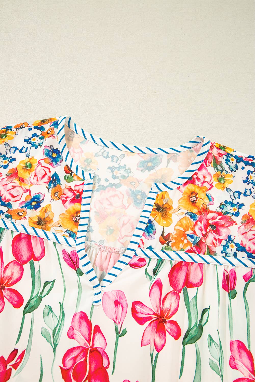 FINAL SALE -  Floral Print Striped Trim V Neck Blouse (P-FVN11)
