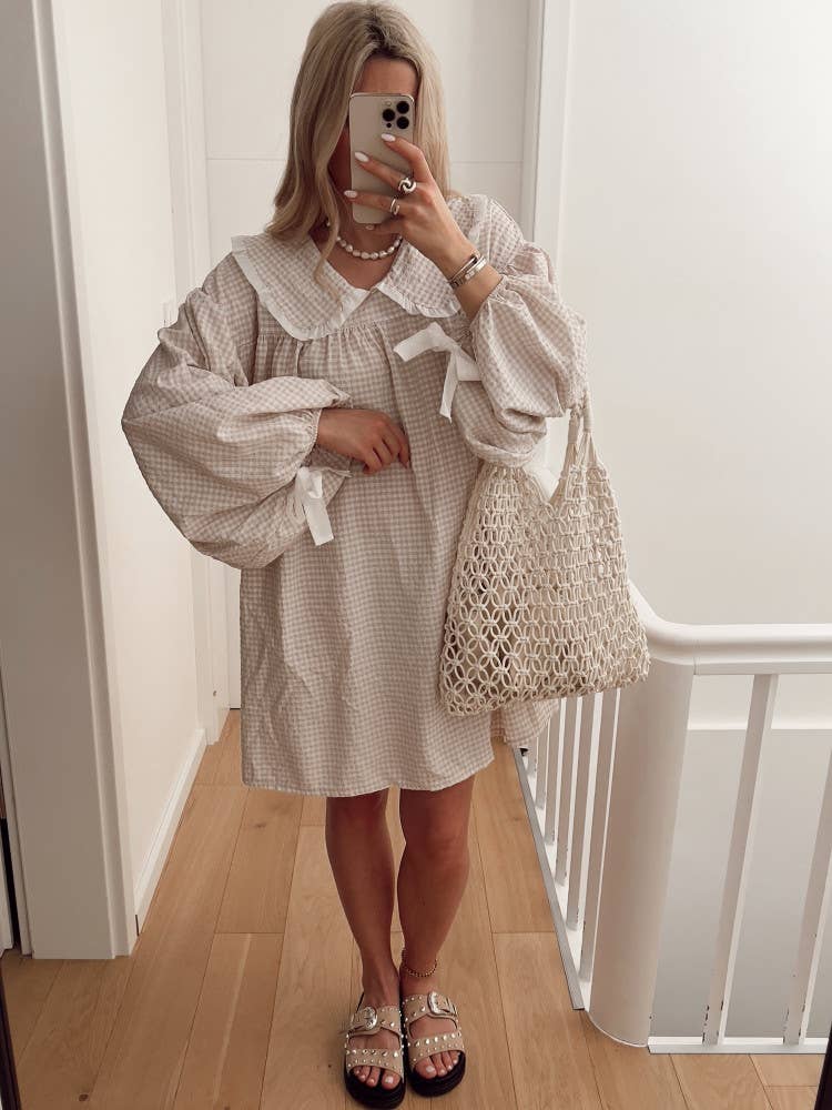 (M Dresses) Gingham OVERSIZED Collar Baby Doll Dress  (M-BJS10)
