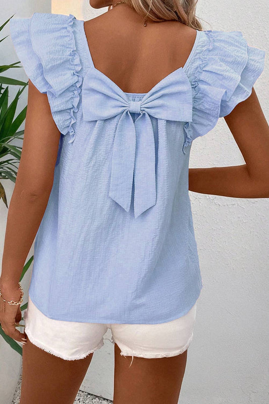 (M Tops) Bow Butterfly Sleeve Textured Summer Blouse  (M-BBSB01)