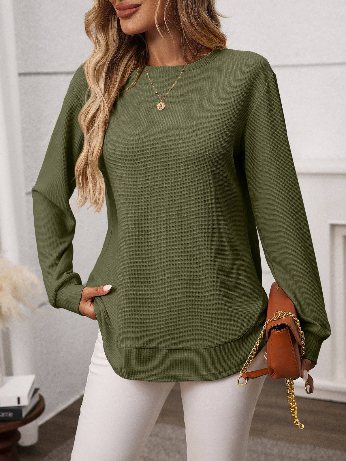 (M Tops) Waffle Knit Long Sleeve Top (M-WG7)
