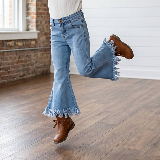 (Girls) Light Wash Flare Fringe Denim Jeans (G-FJ49)