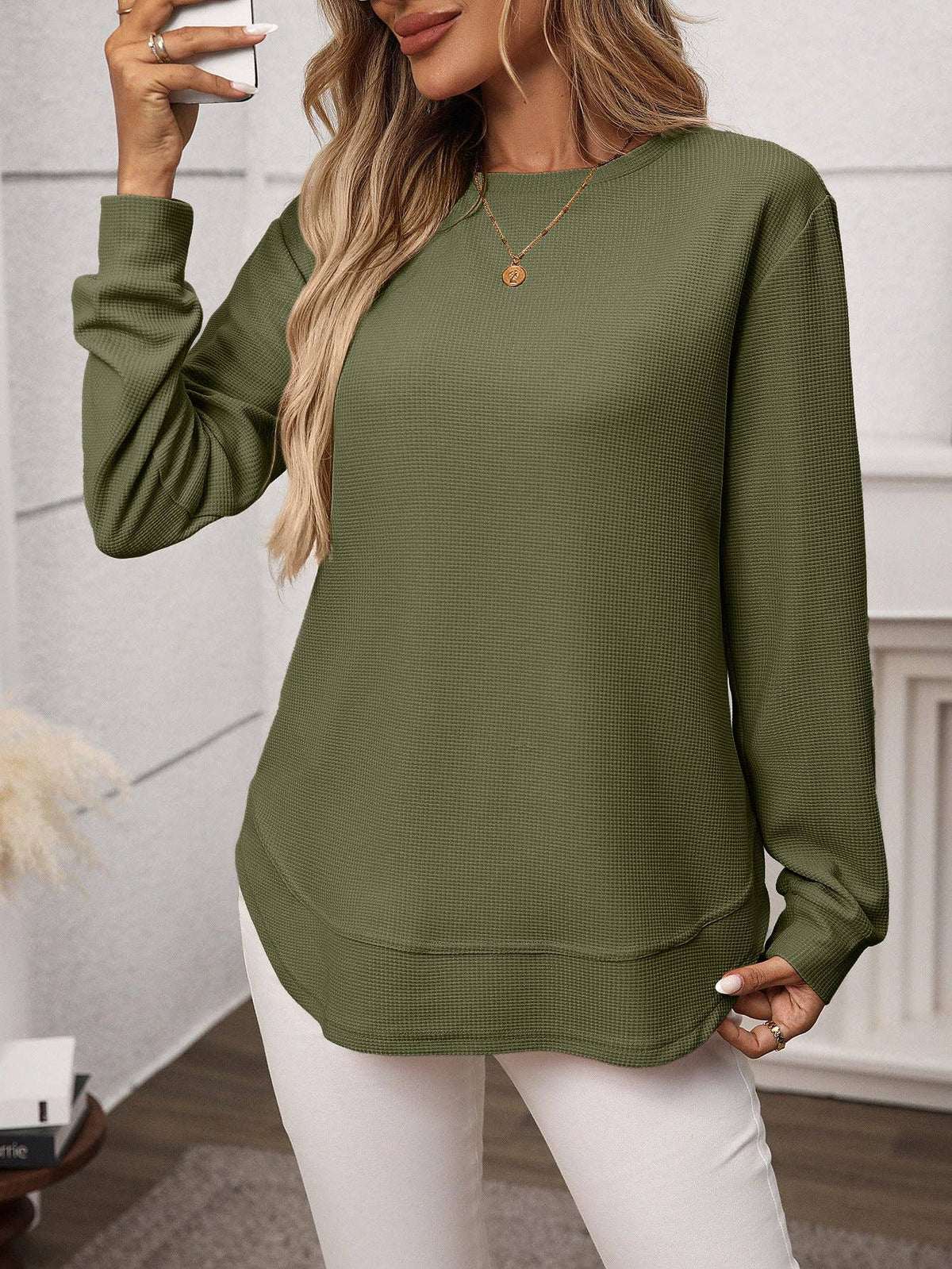(M Tops) Waffle Knit Long Sleeve Top (M-WG7)