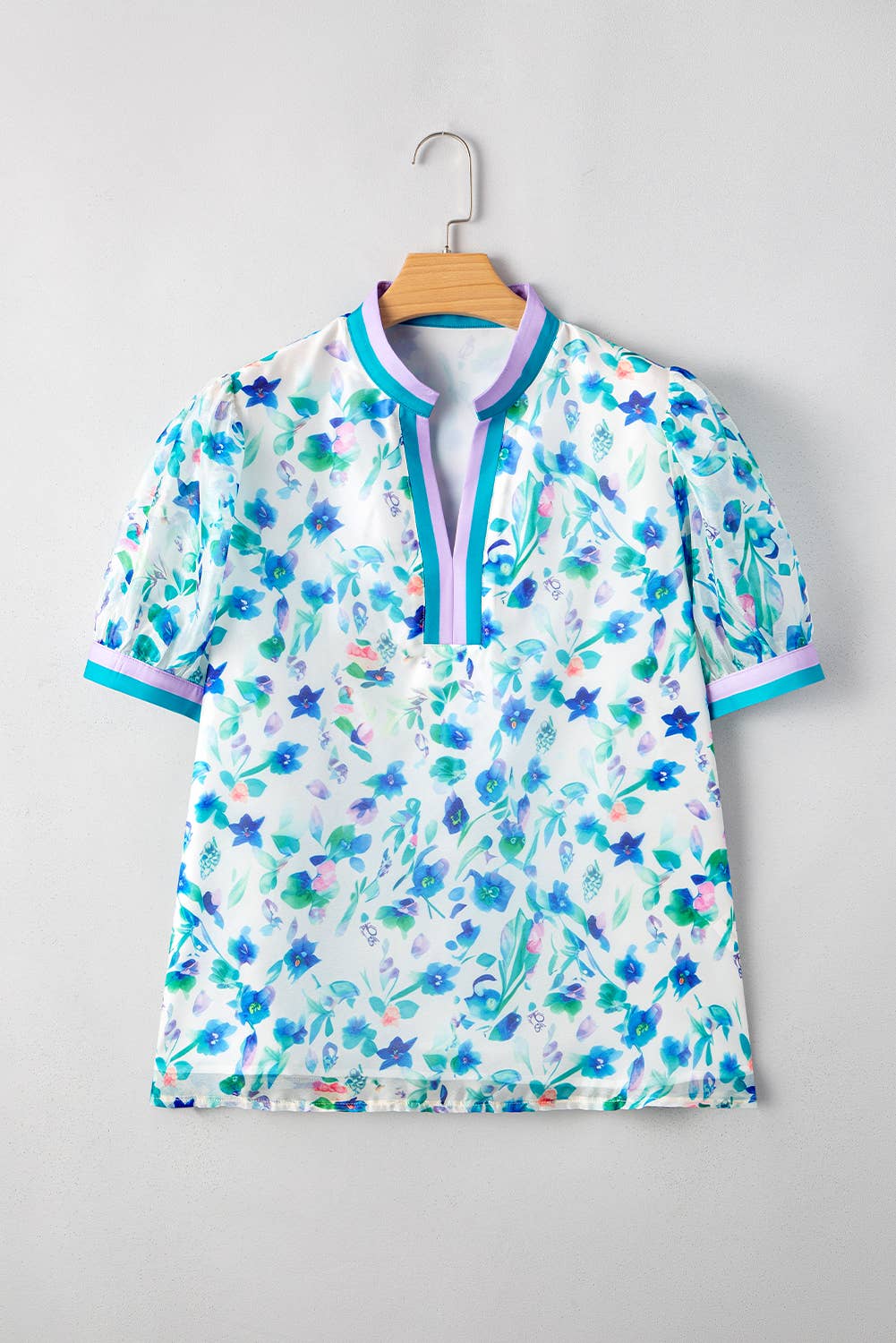 FINAL SALE -  Print Colorblock Edge Puff Sleeve Split Neck Plus Size Blouse (P-CPS11)