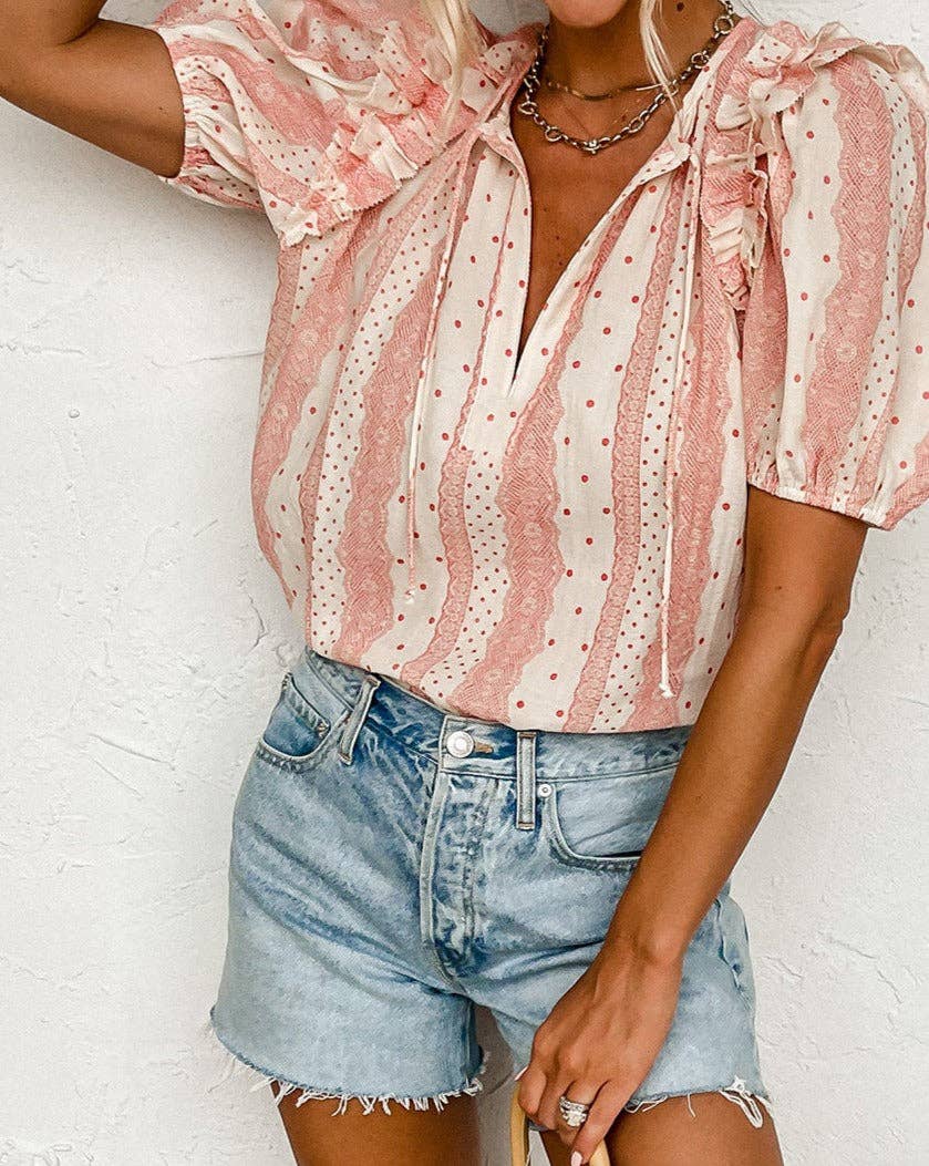 (Misses Tops) Dotted Frilled Puff Sleeve Blouse (M-DPSB01)