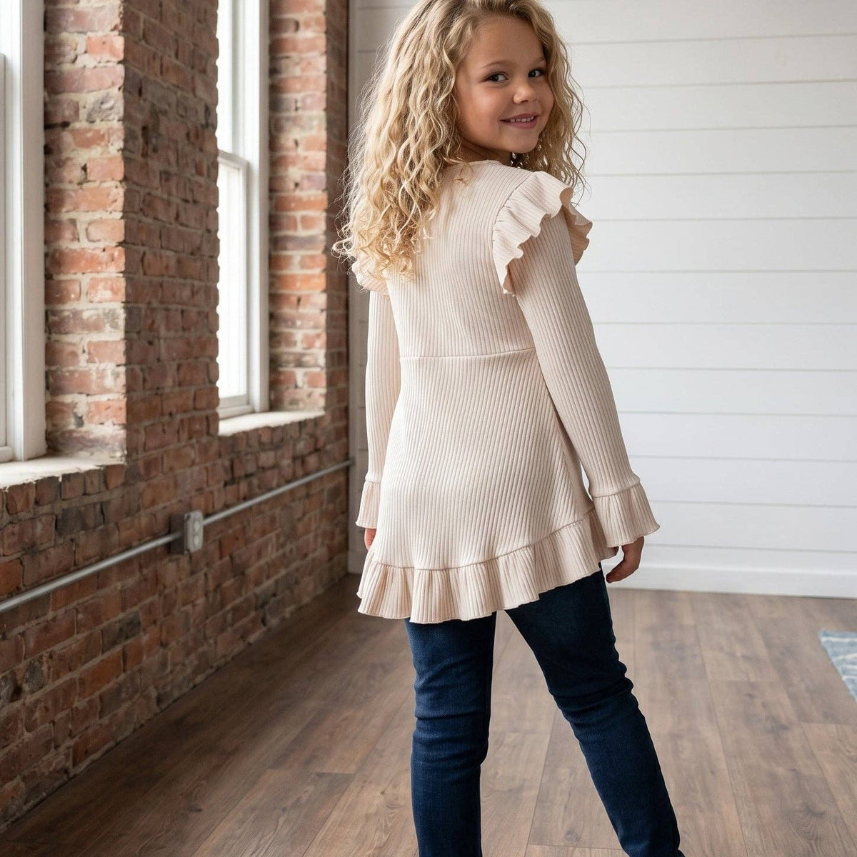 (Girls) Cream Beige Ribbed Long Sleeve Button Ruffle Shirt