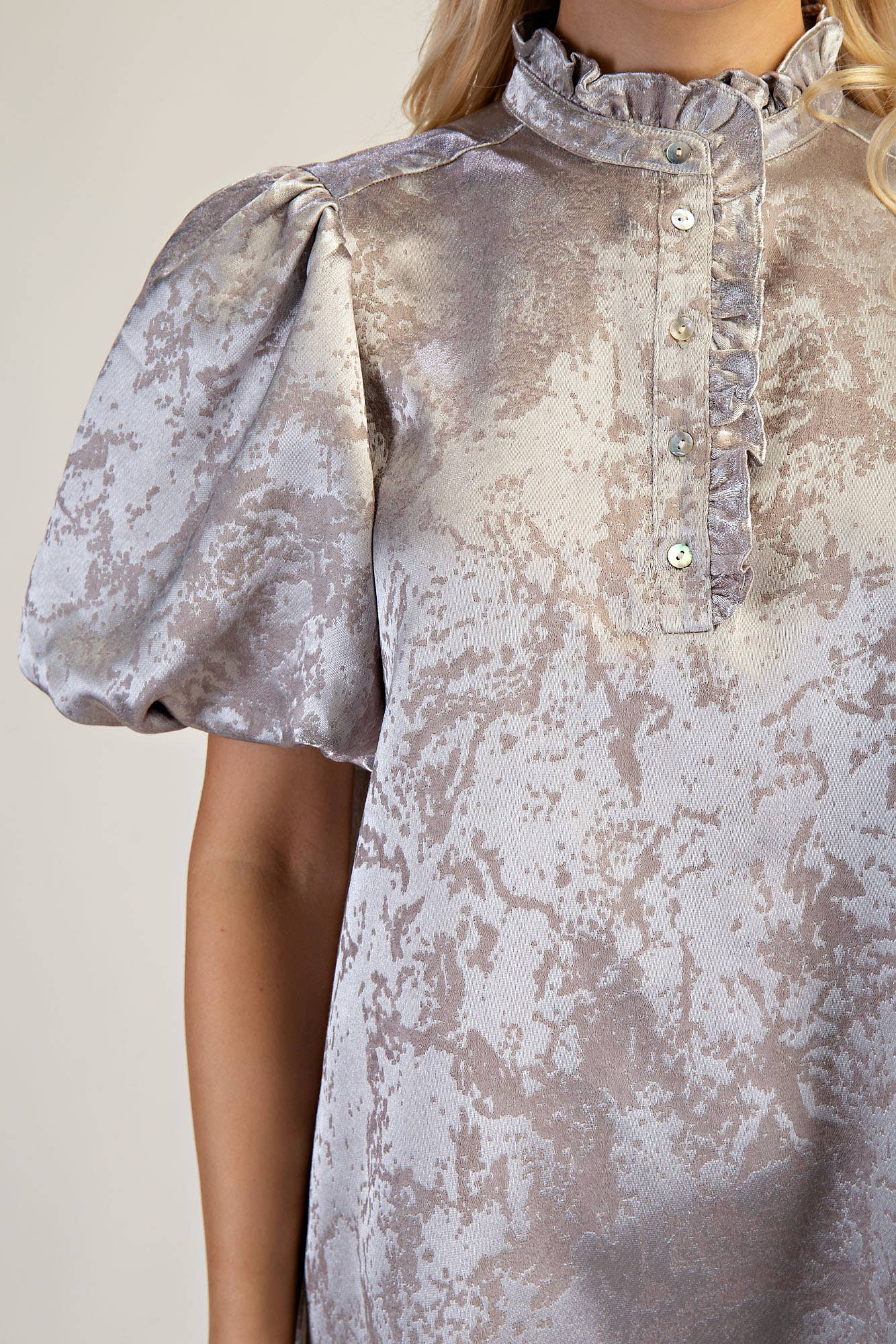 (M Dresses) Ruffle Neck Puff Sleeve Mini Dress (Silver & Burgundy) (M-RMD2)