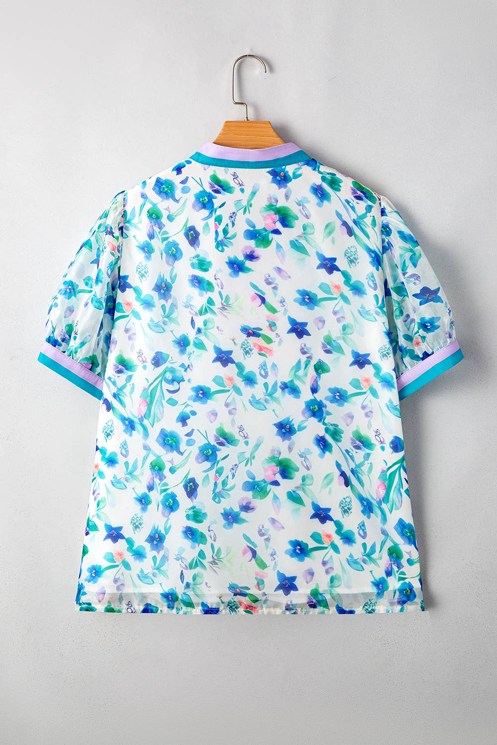 FINAL SALE -  Print Colorblock Edge Puff Sleeve Split Neck Plus Size Blouse (P-CPS11)