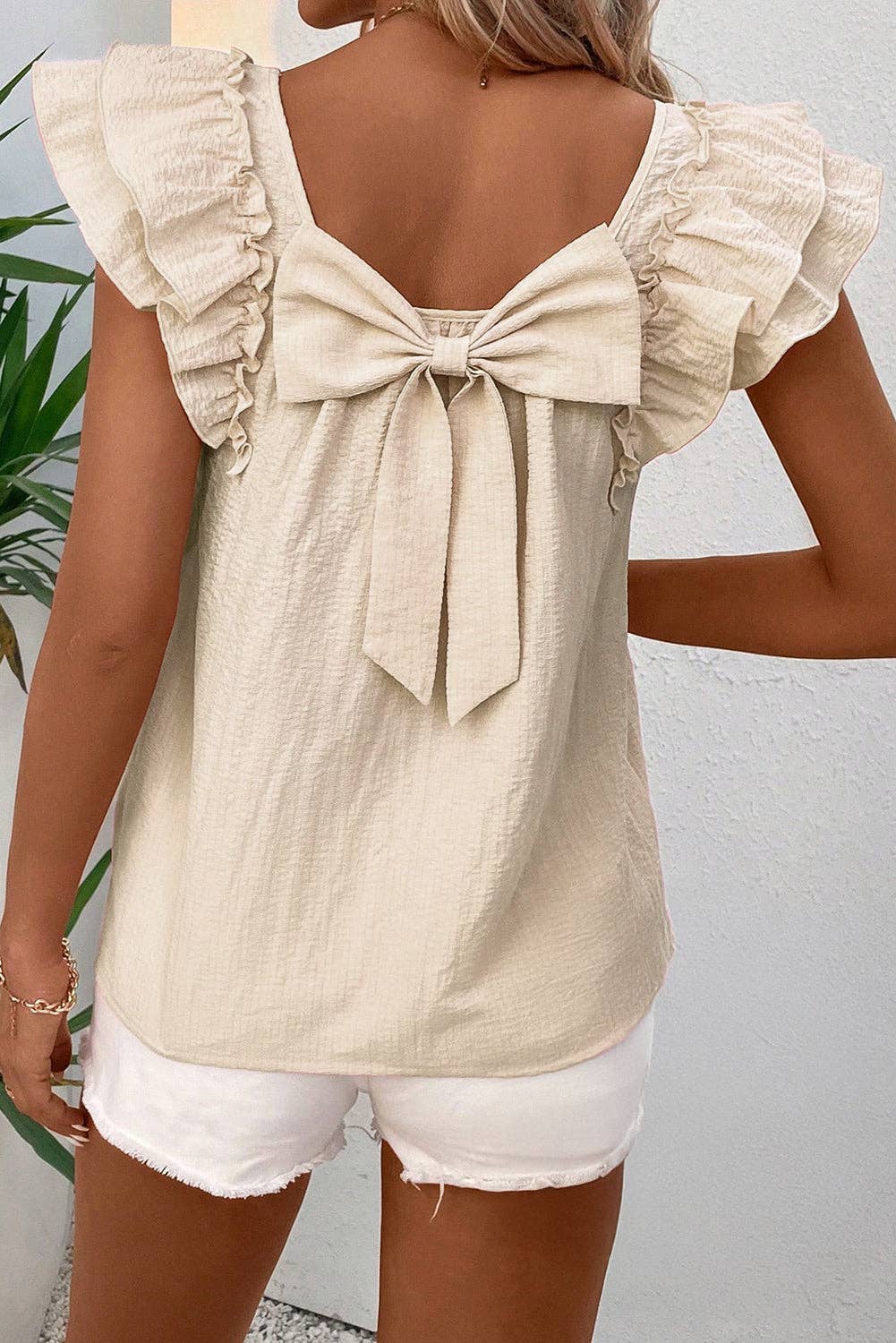 (M Tops) Bow Butterfly Sleeve Textured Summer Blouse  (M-BBSB01)