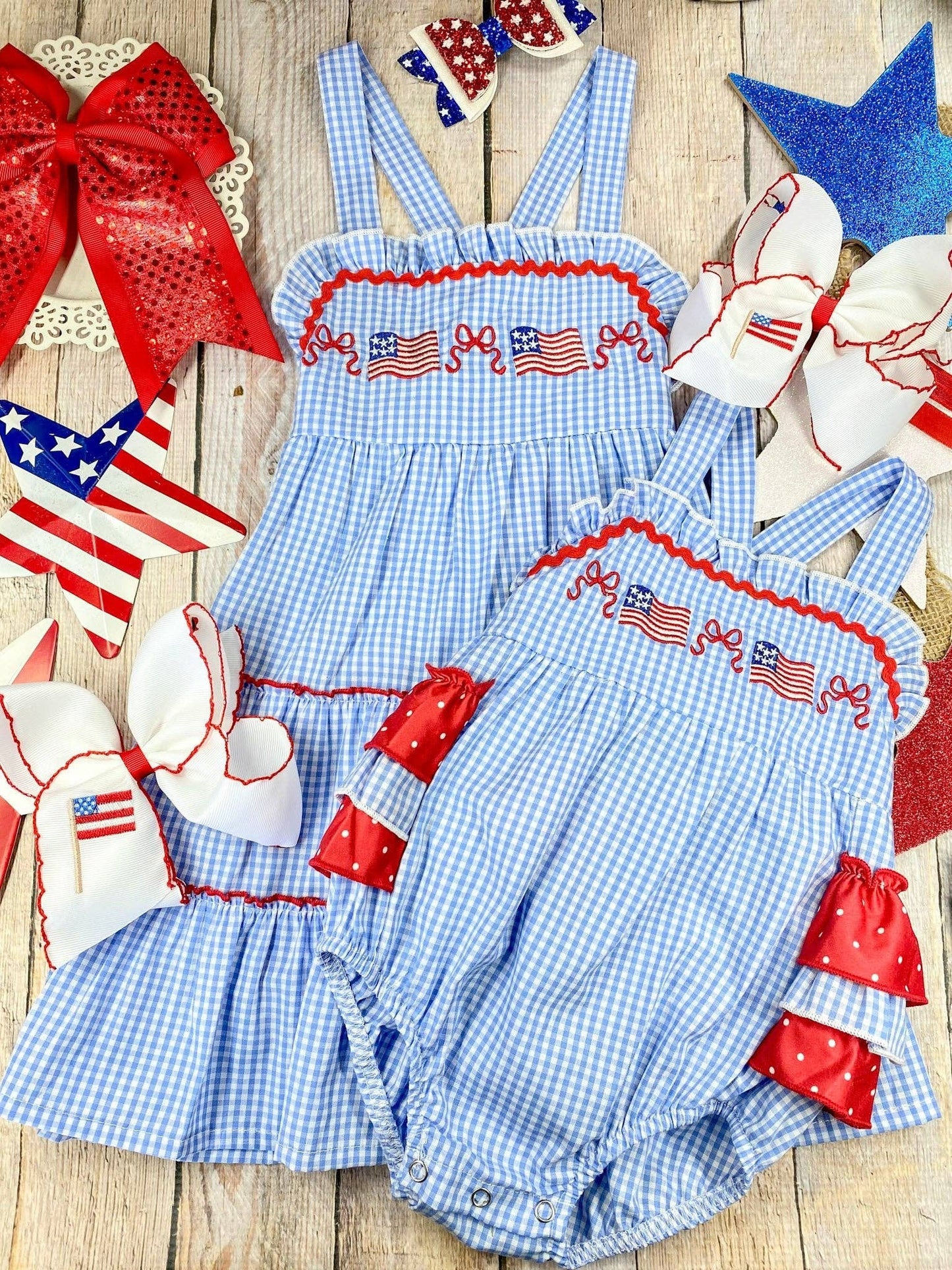 (Girls) Blue Gingham American Flag Tiered Dress (K-FD43)