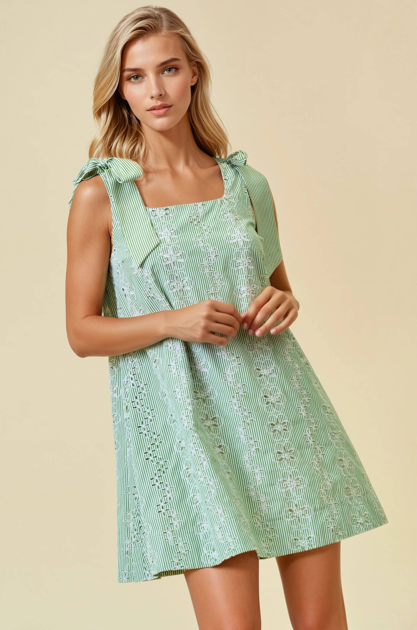 (M Dresses) Striped Eyelet Tie Shoulder Mini Dress (M-ED41)