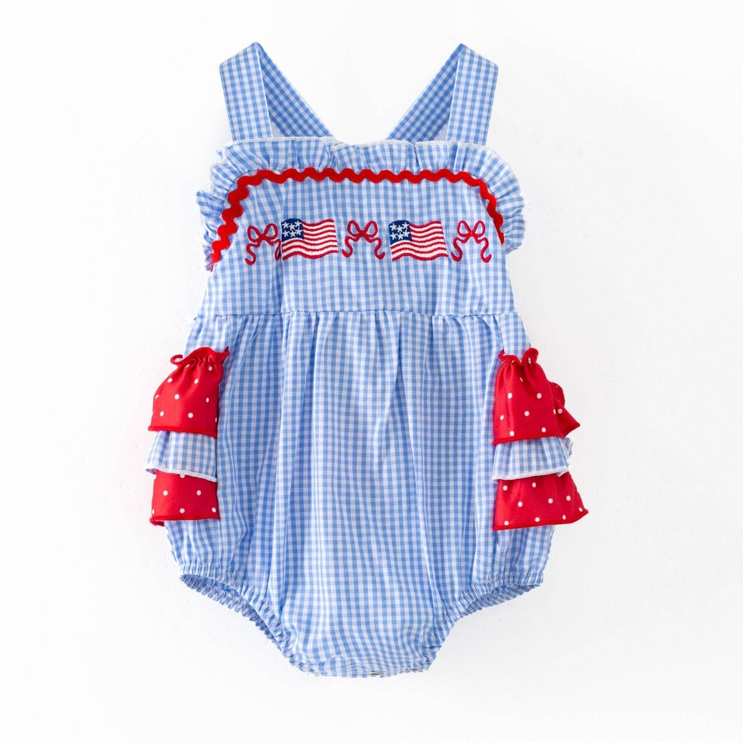 (Girls) Blue Gingham American Flag Bubble Romper (FR43)