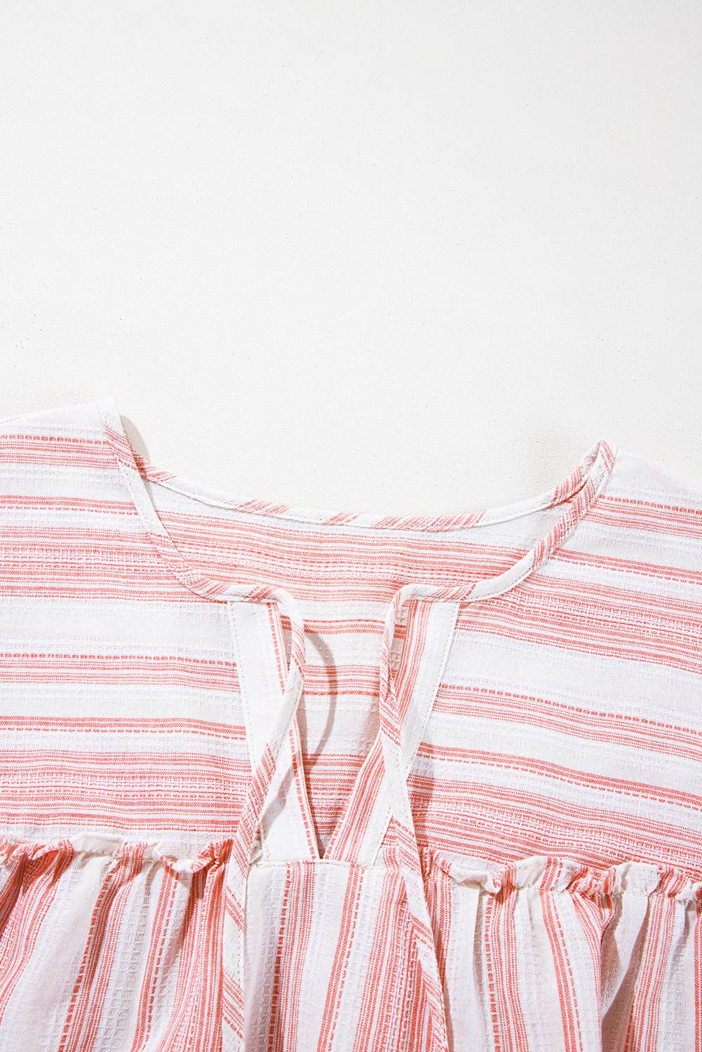 (Plus Tops) Stripe Tassel Tie Frilled Detail Short Sleeve Blouse (P-TTF11)