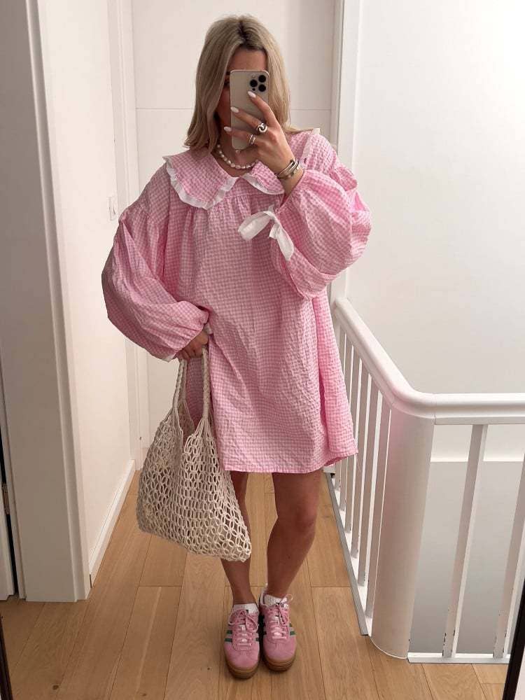 (M Dresses) Gingham OVERSIZED Collar Baby Doll Dress  (M-BJS10)