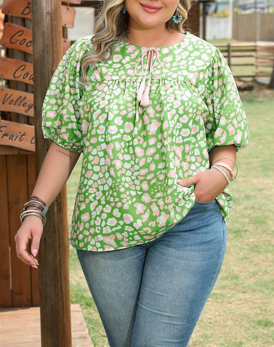 (Plus Tops) Floral Tassel Tie Split Neck Puff Sleeve Blouse (P-TTF11)