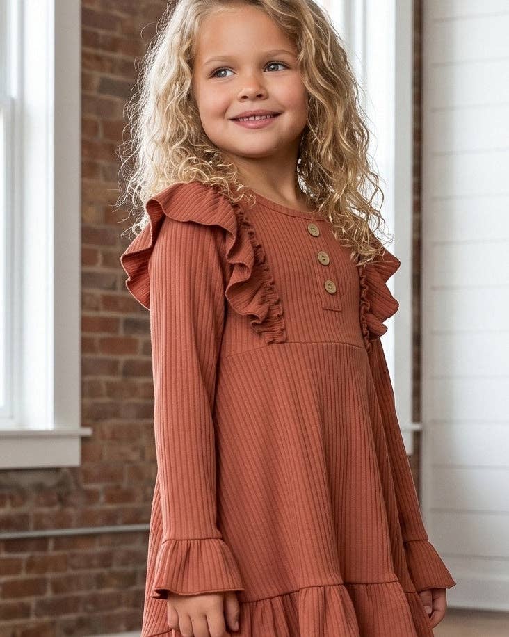 (Girls) Brown Toffee Ribbed Long Sleeve Button Ruffle Shirt