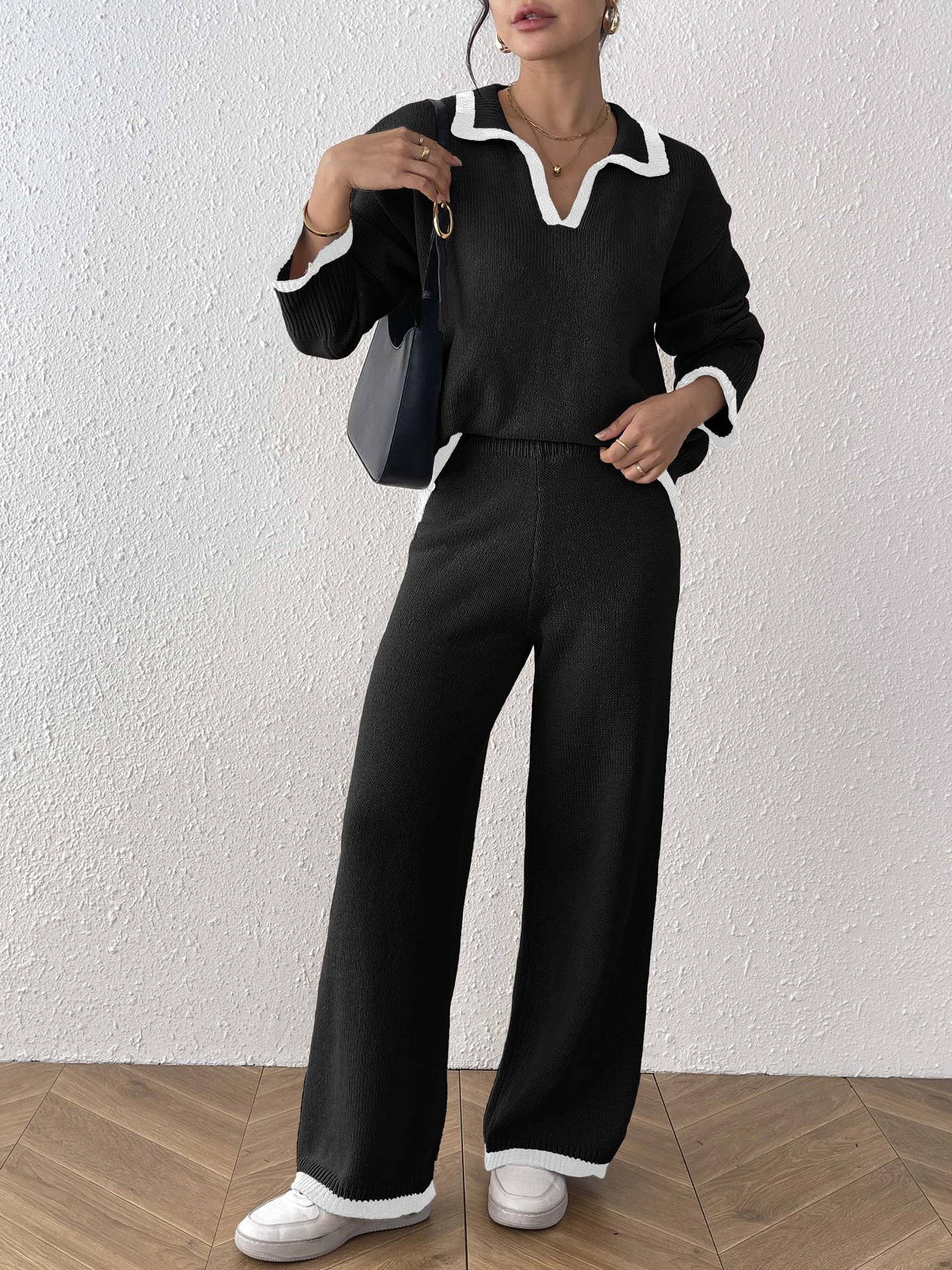 (M Pant Set) V-Neck Polo Collar Contrast Trim Sweater & Pants Set (M-PS30)