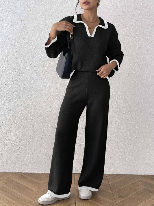 (M Pant Set) V-Neck Polo Collar Contrast Trim Sweater & Pants Set (M-PS30)