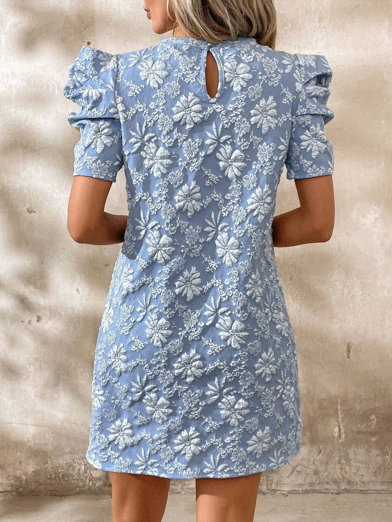 (M Dresses) Puff Sleeve Textured Jacquard Mini Dress- Blue (M-BJMD30)
