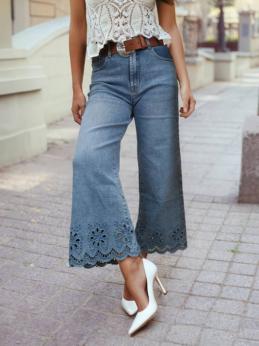 (M Pants) Embroidered Cropped Wide Leg High Waist Jeans (M-EWJ31)