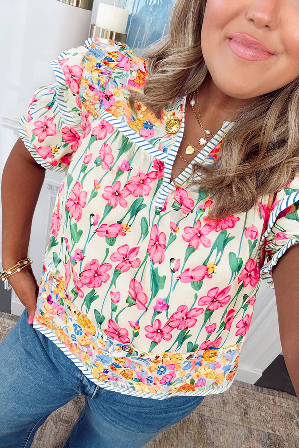 FINAL SALE -  Floral Print Striped Trim V Neck Blouse (P-FVN11)
