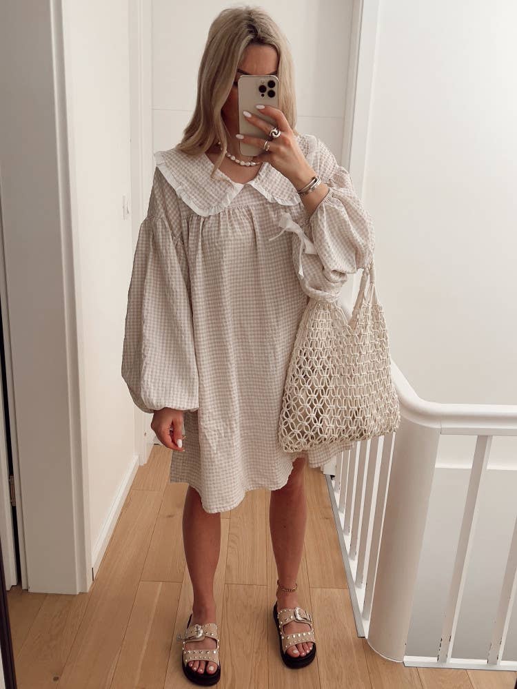 (M Dresses) Gingham OVERSIZED Collar Baby Doll Dress  (M-BJS10)