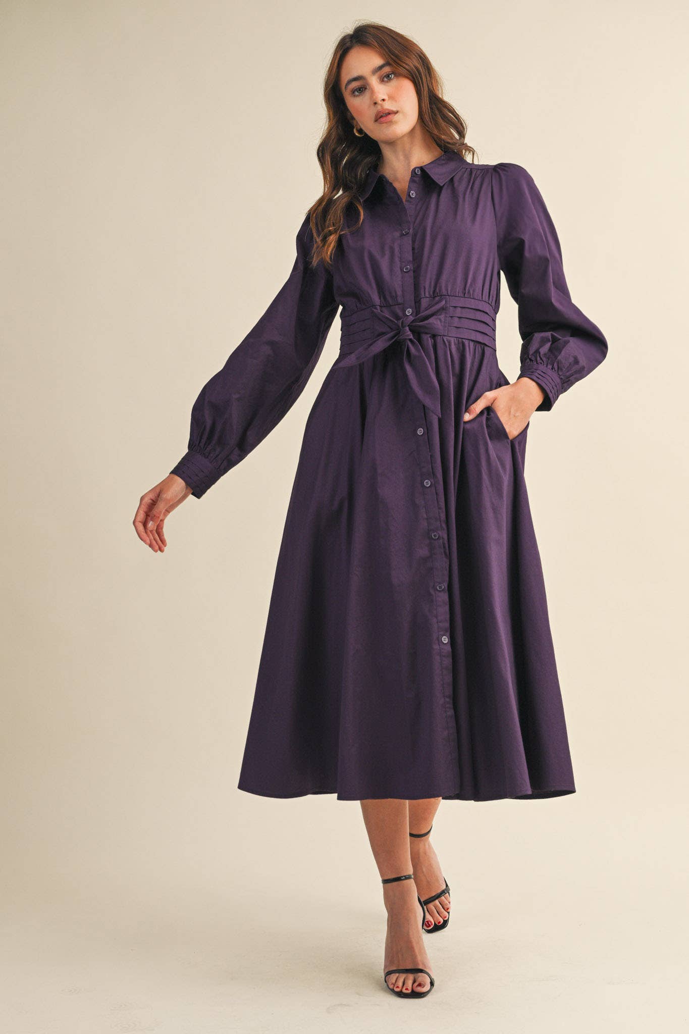 (M Dresses) PINTUCK WAIST TIE FRONT MIDI DRESS (M-PD21)