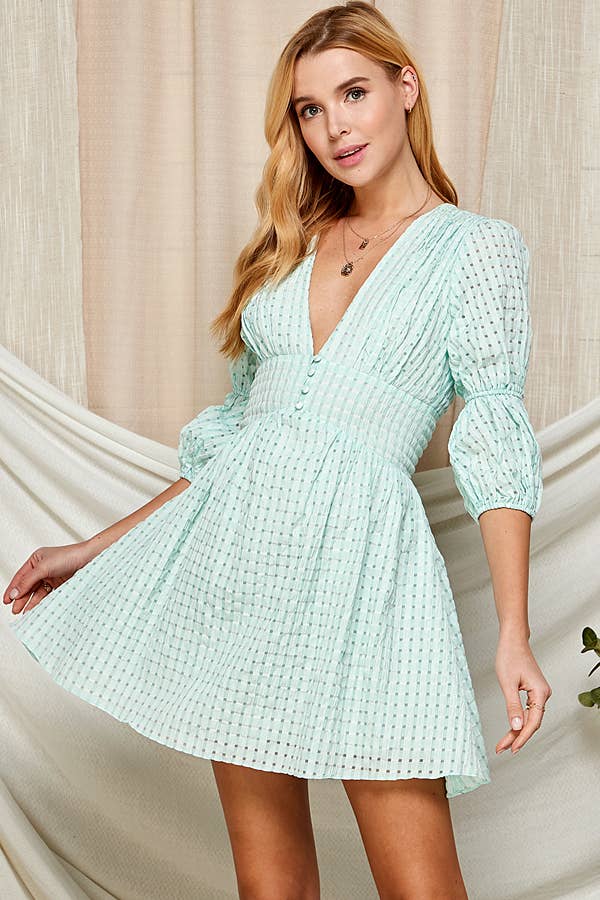 (M Dresses) Deep V-Neck Dress with Puffy Sleeves (M-VN38)