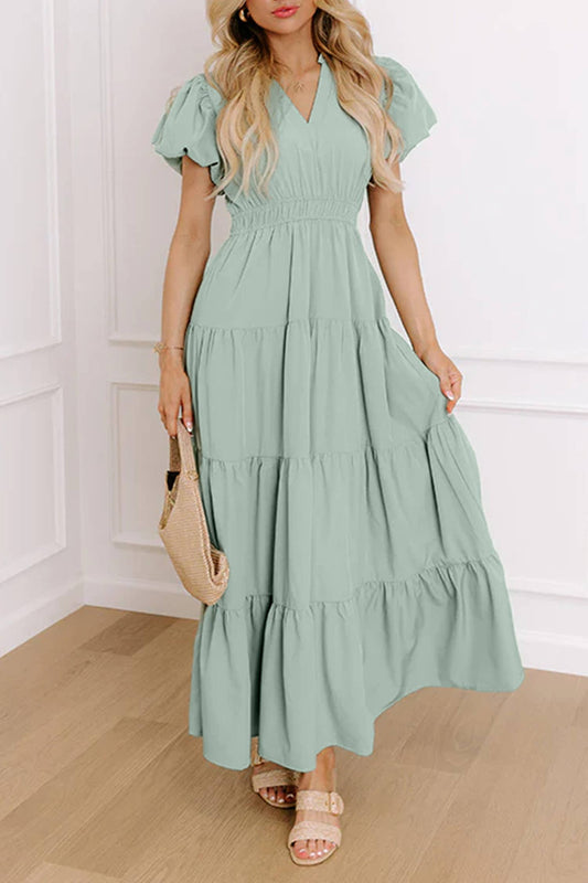 (M Dresses) Solid V Neck Short Puff Sleeve Tiered Maxi Dress (M-TDG9)