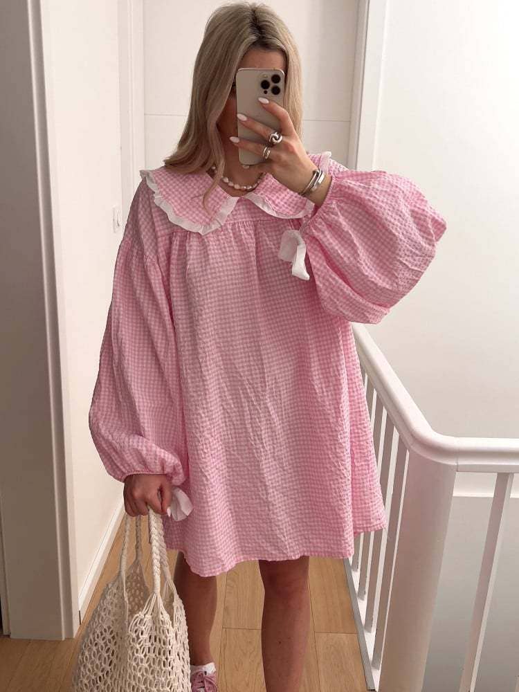 (M Dresses) Gingham OVERSIZED Collar Baby Doll Dress  (M-BJS10)