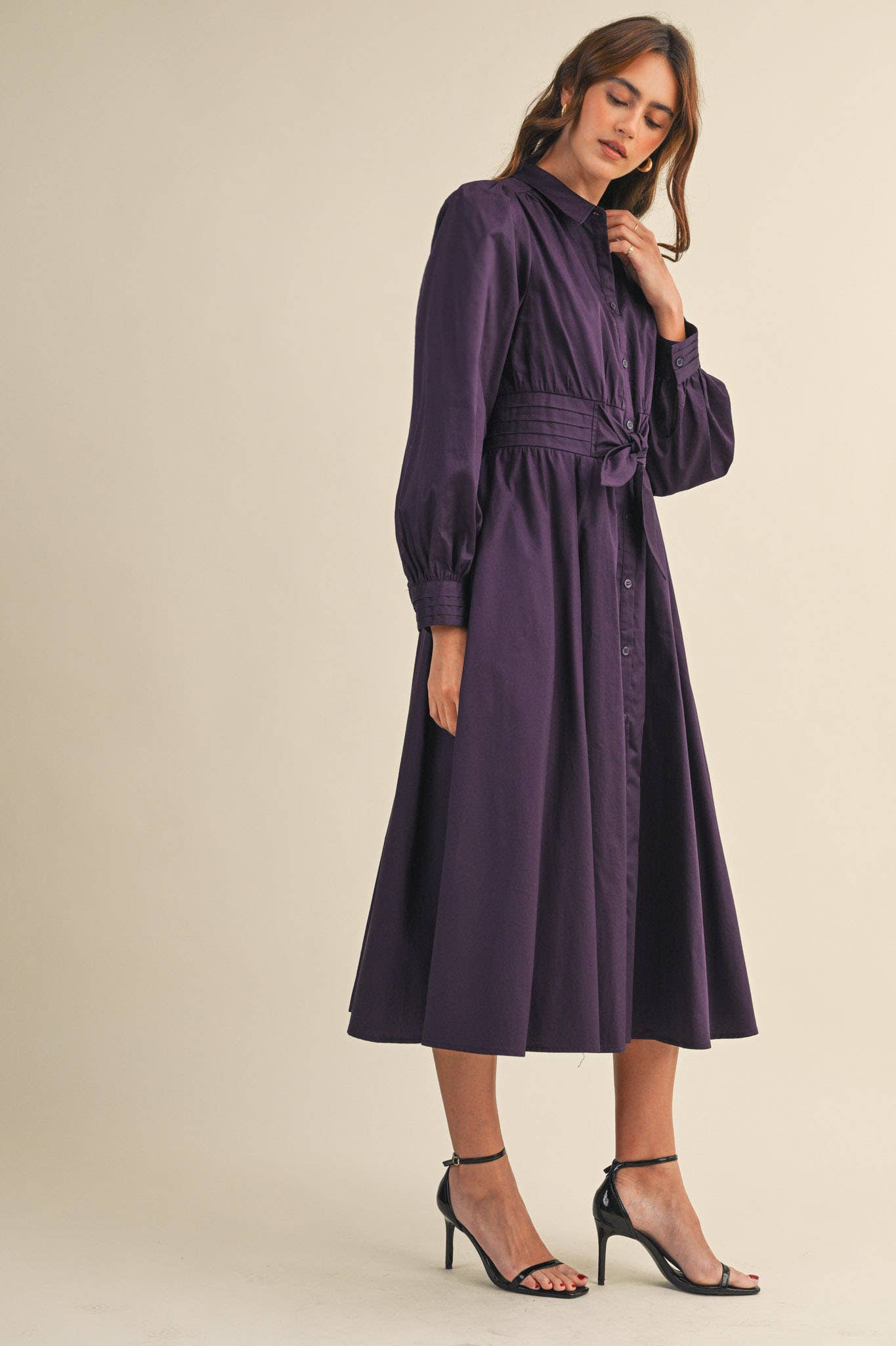 (M Dresses) PINTUCK WAIST TIE FRONT MIDI DRESS (M-PD21)