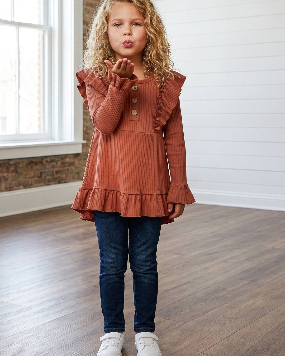 (Girls) Brown Toffee Ribbed Long Sleeve Button Ruffle Shirt
