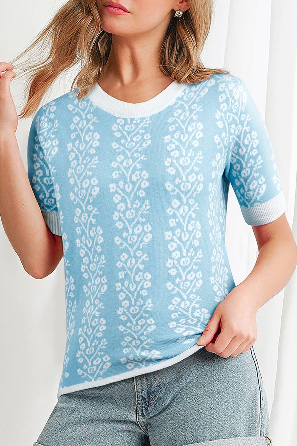 (M Tops) Contrast Floral Crewneck Short Sleeve Sweater (M-FCS9)