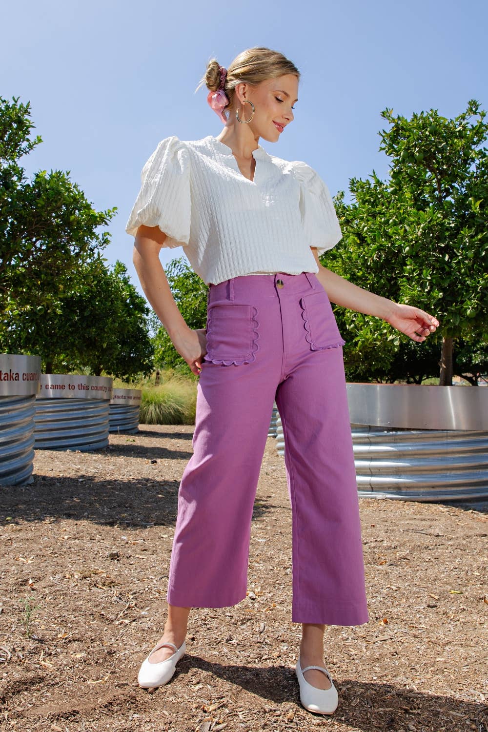 (M Pants) Colette Cropped Wide-Leg Scallop Pocket Detail Pants (M-LSJ02)