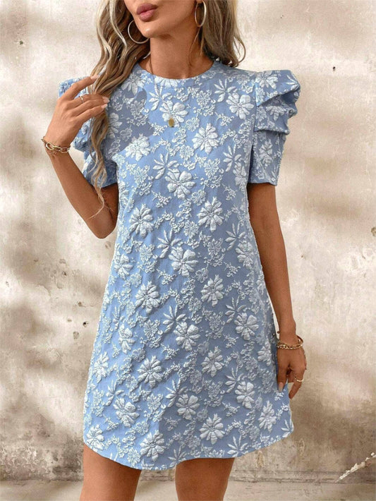 (M Dresses) Puff Sleeve Textured Jacquard Mini Dress- Blue (M-BJMD30)