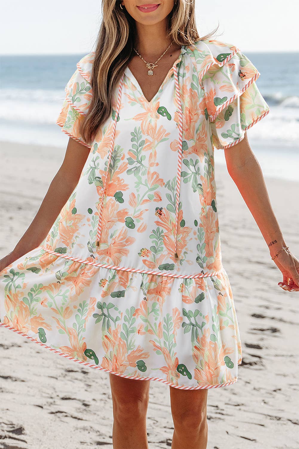 (M Dresses)  Floral Contrast Edge Layered Tied Neck Mini Dress